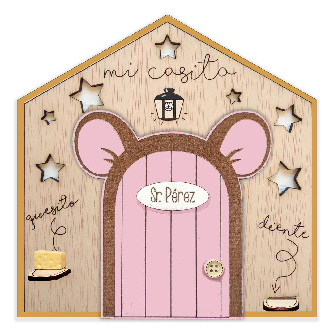 Puerta del Ratoncito Pérez con orejitas color rosa y casita 🐭🚪